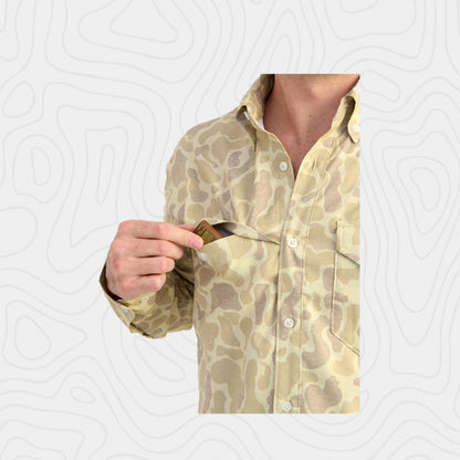 Huk KC Print Tide Point Button-Down in Sand Camo Shirt