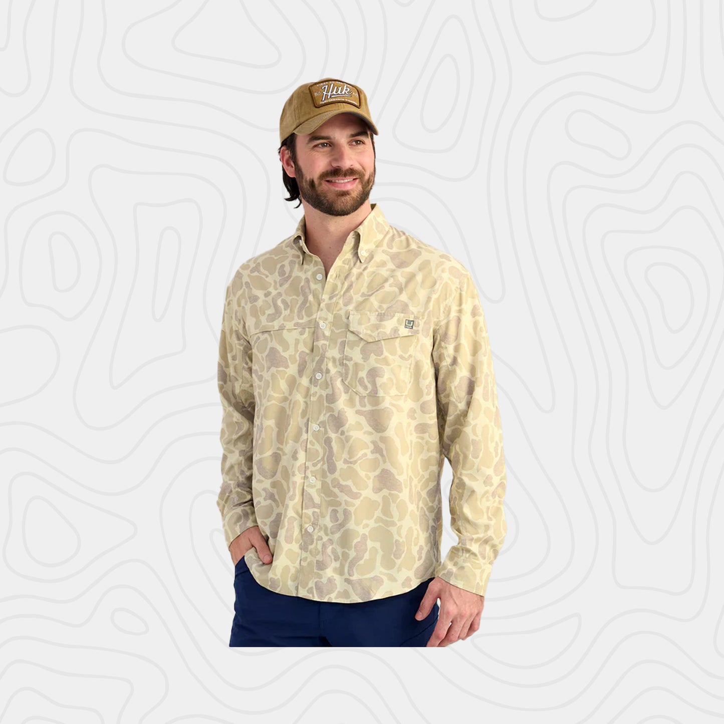 Huk KC Print Tide Point Button-Down in Sand Camo Shirt
