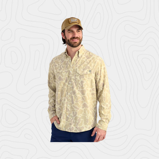 Huk KC Print Tide Point Button-Down in Sand Camo Shirt